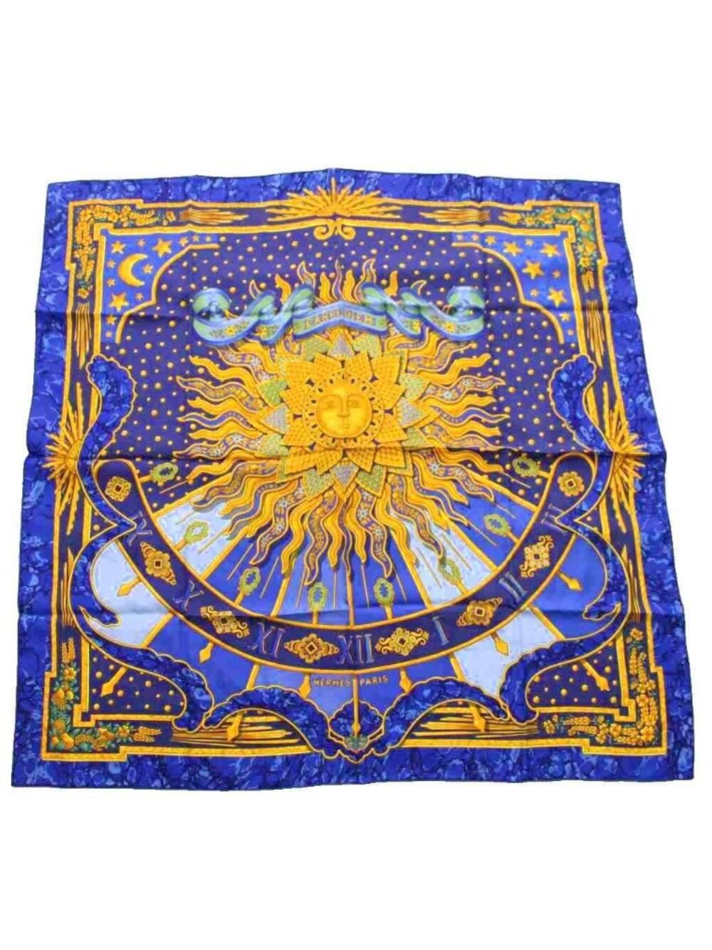 Hermes Carre 90 Carpe Diem Scarf Large All Over Print Silk Blue Yellow